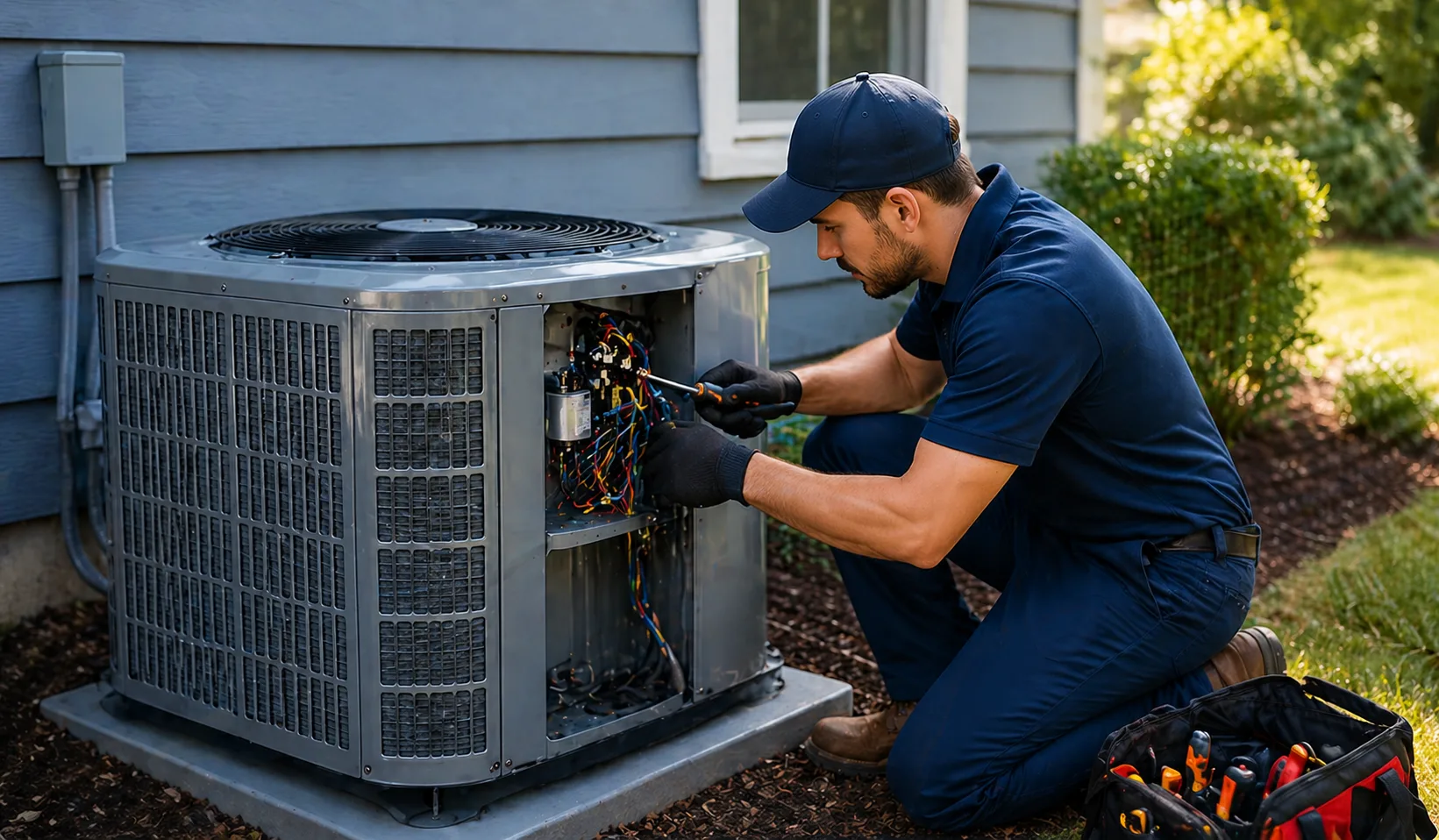 Surprise AZ HVAC technician inspecting a backyard AC condenser with diagnostic gauges